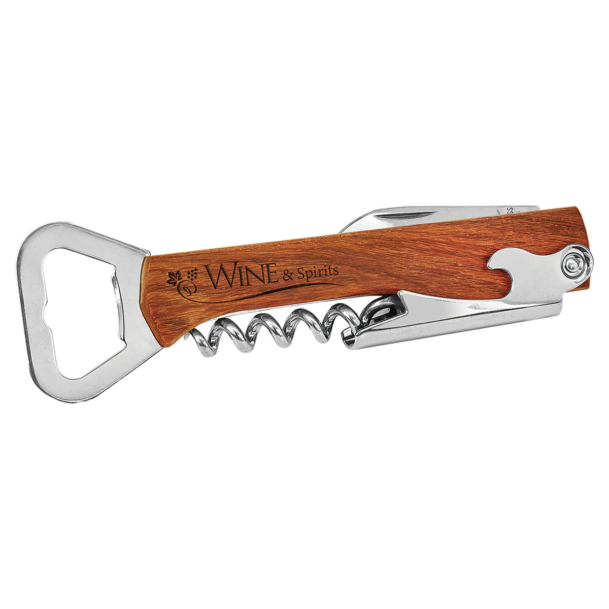 Engraved Wooden Bottle Opener and Wine Corkscrew