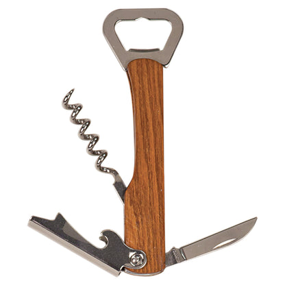 Engraved Wooden Bottle Opener and Wine Corkscrew, opened to show the corkscrew, bottle opener and foil knife