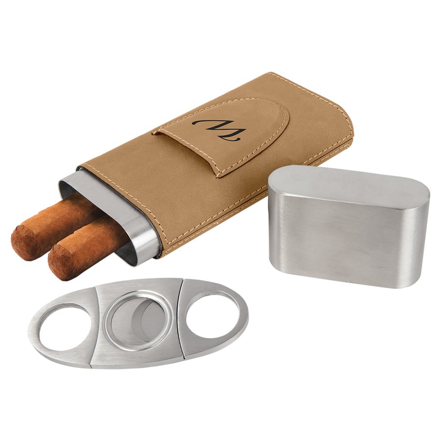 Engraved Leatherette Cigar Case with Cutter - Light Brown