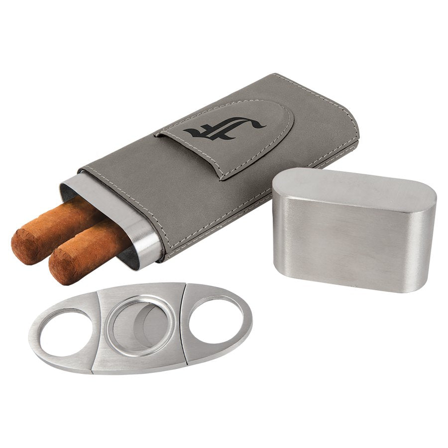 Engraved Leatherette Cigar Case with Cutter - Gray