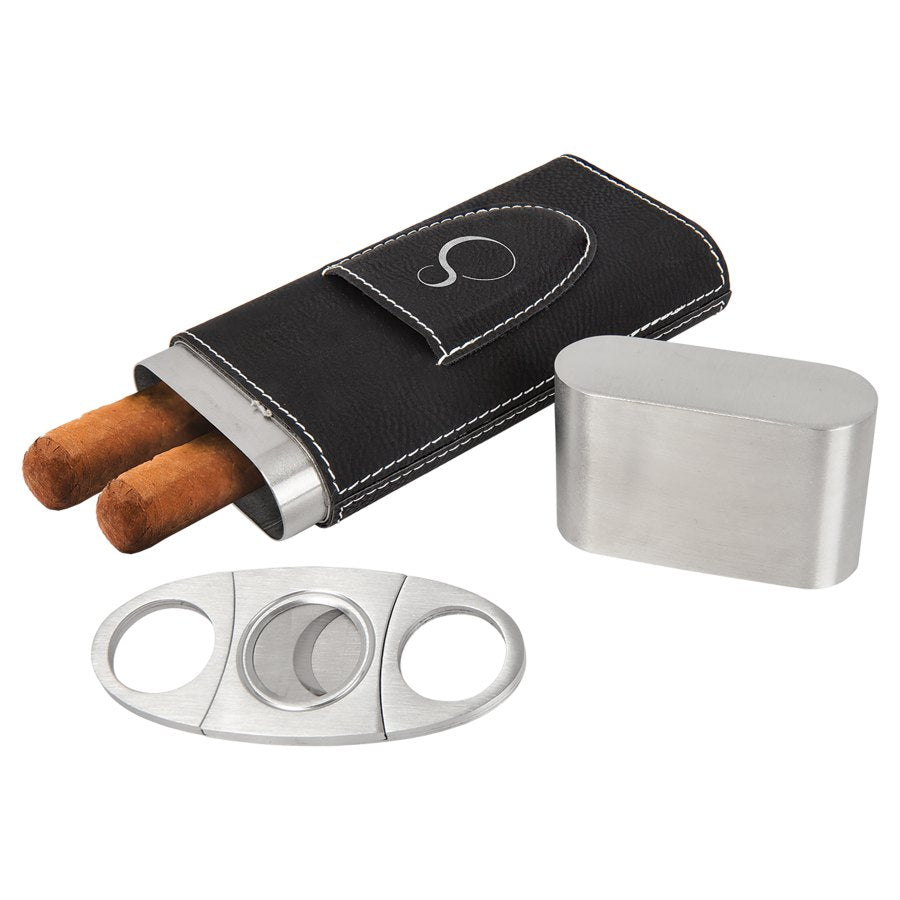 Engraved Leatherette Cigar Case with Cutter - Black/Silver