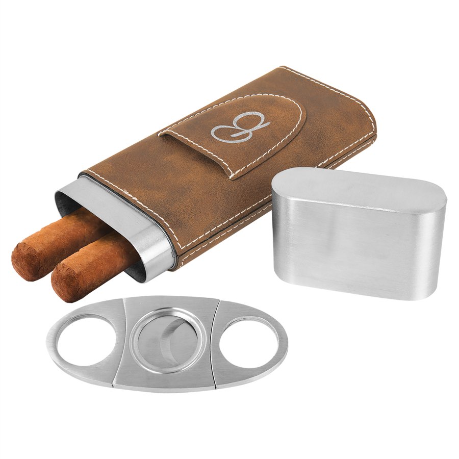 Engraved Leatherette Cigar Case with Cutter - Rustic/Silver