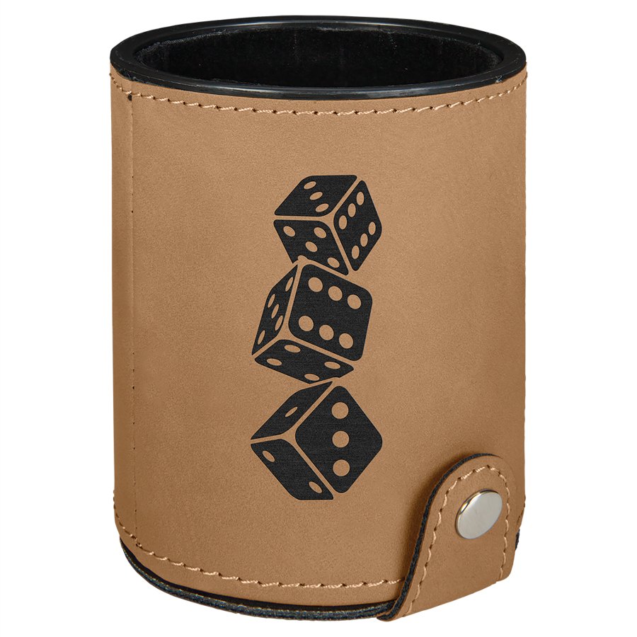 Engraved Leatherette Dice Cup with 5 Dice - Light Brown