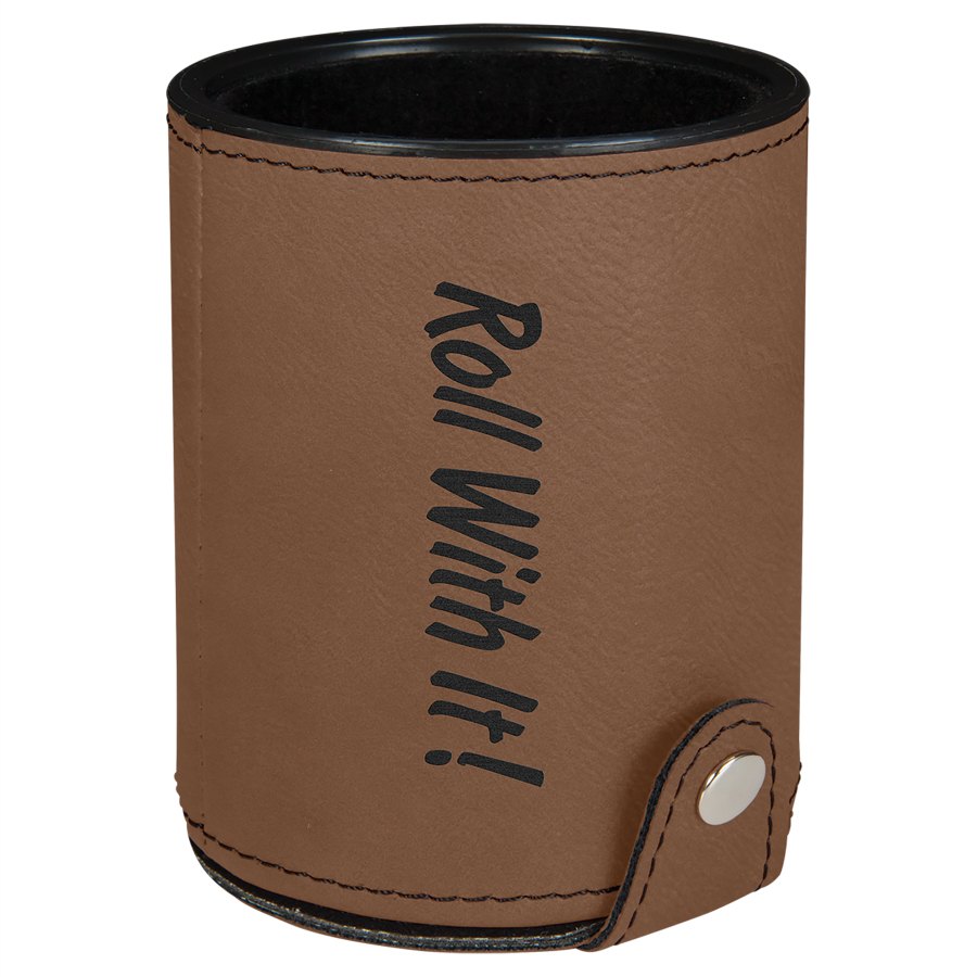 Engraved Leatherette Dice Cup with 5 Dice - Dark Brown