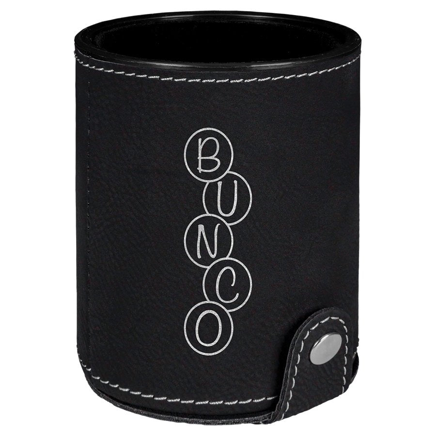 Engraved Leatherette Dice Cup with 5 Dice - Black/Silver