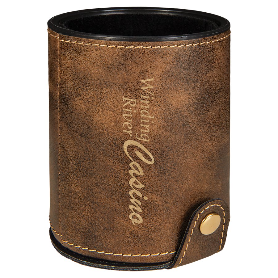 Engraved Leatherette Dice Cup with 5 Dice - Rustic/Gold