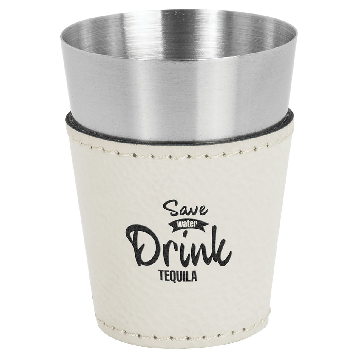Engraved Leatherette and Stainless Steel Shot Glass - White