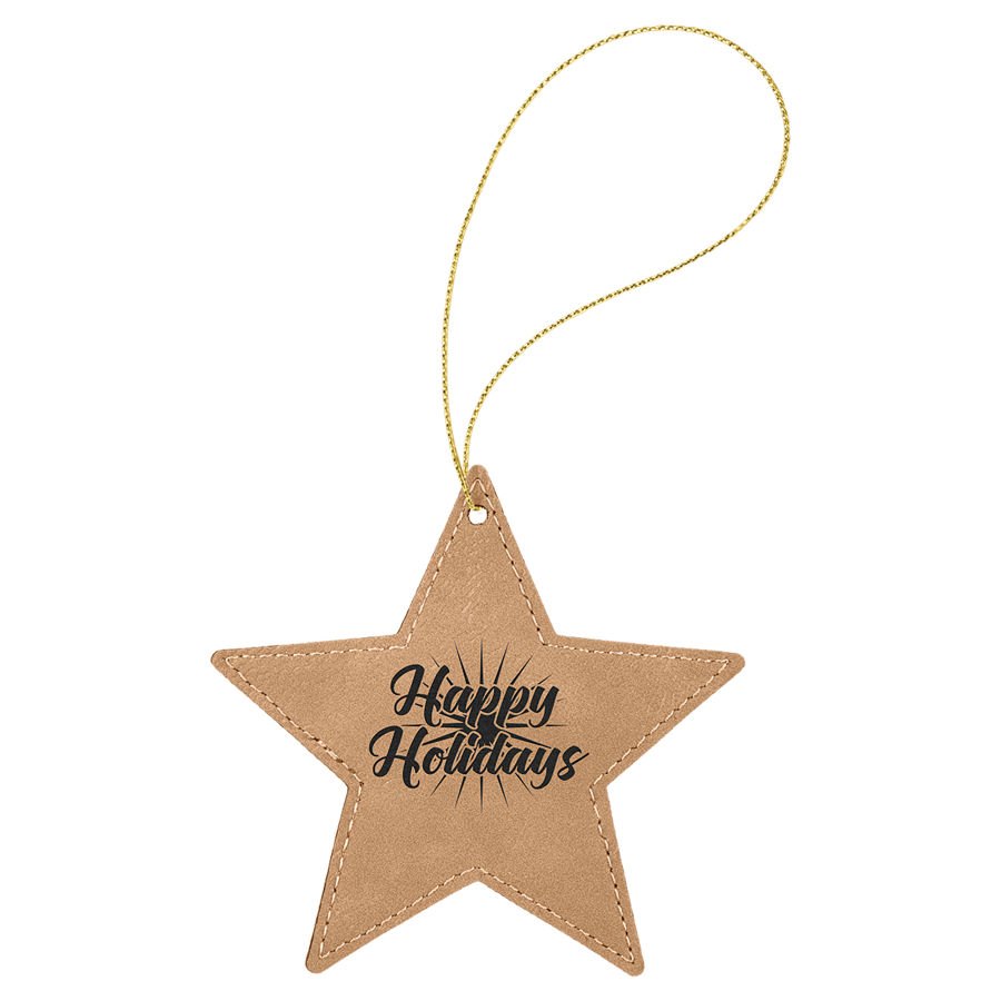 Engraved Leatherette Star Ornament - Light Brown (Gold String)