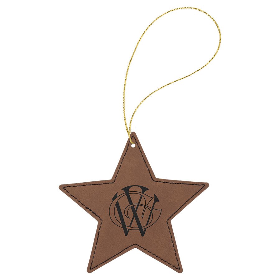 Engraved Leatherette Star Ornament - Dark Brown (Gold String)