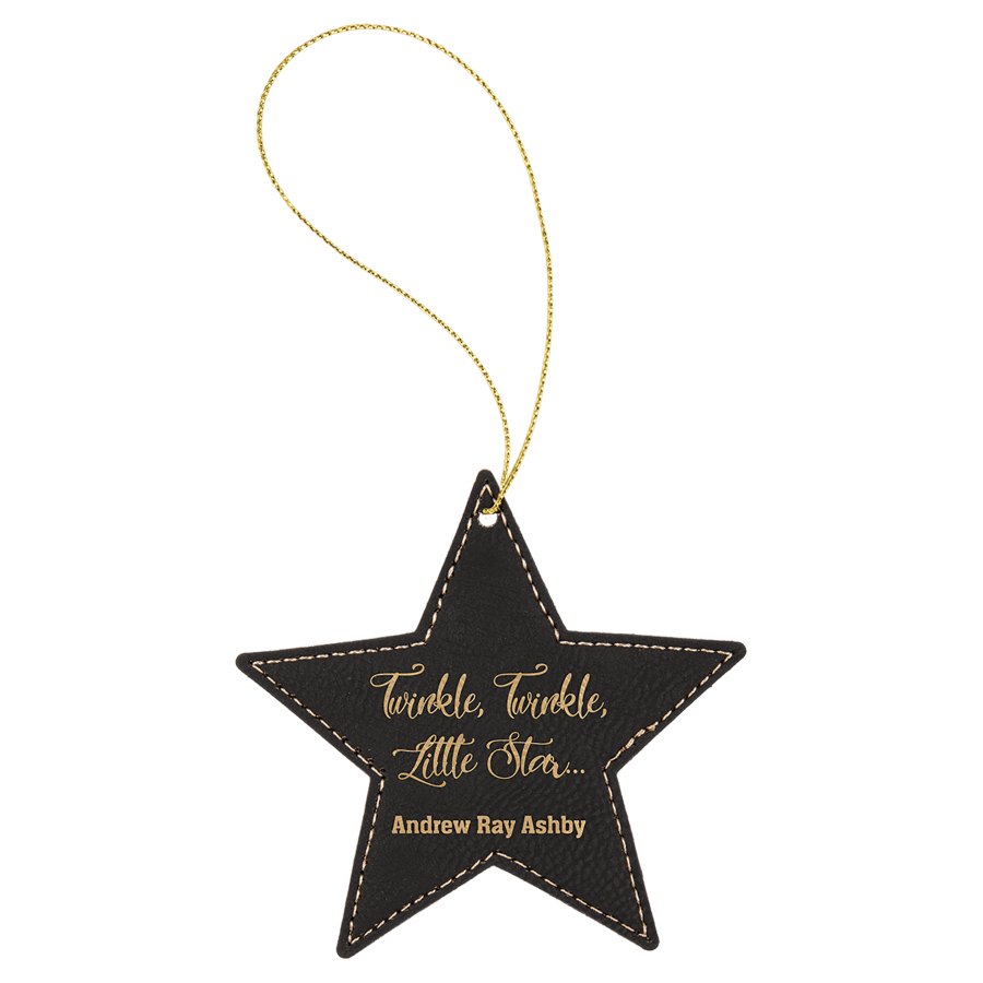 Engraved Leatherette Star Ornament - Black/Gold (Gold String)