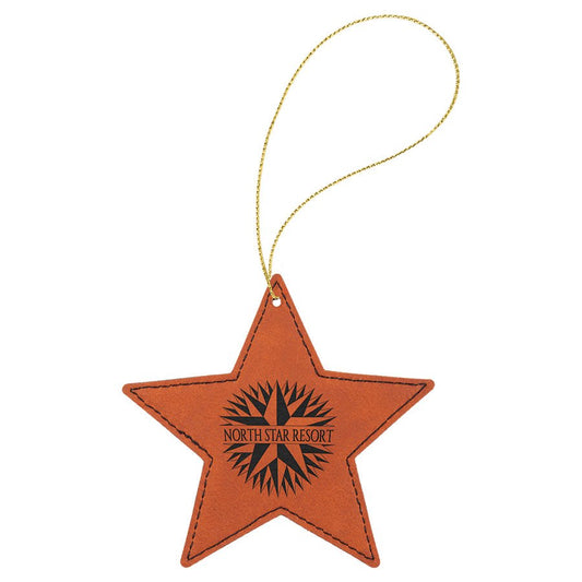 Engraved Leatherette Star Ornament - Rawhide (Gold String)