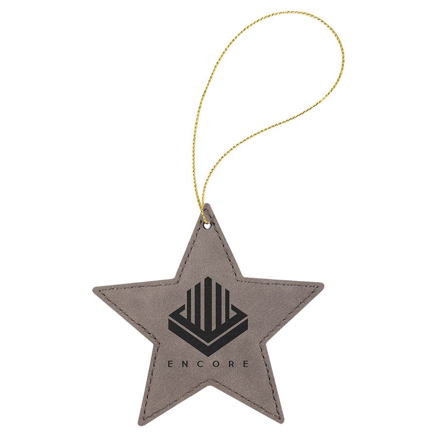 Engraved Leatherette Star Ornament - Gray (Gold String)