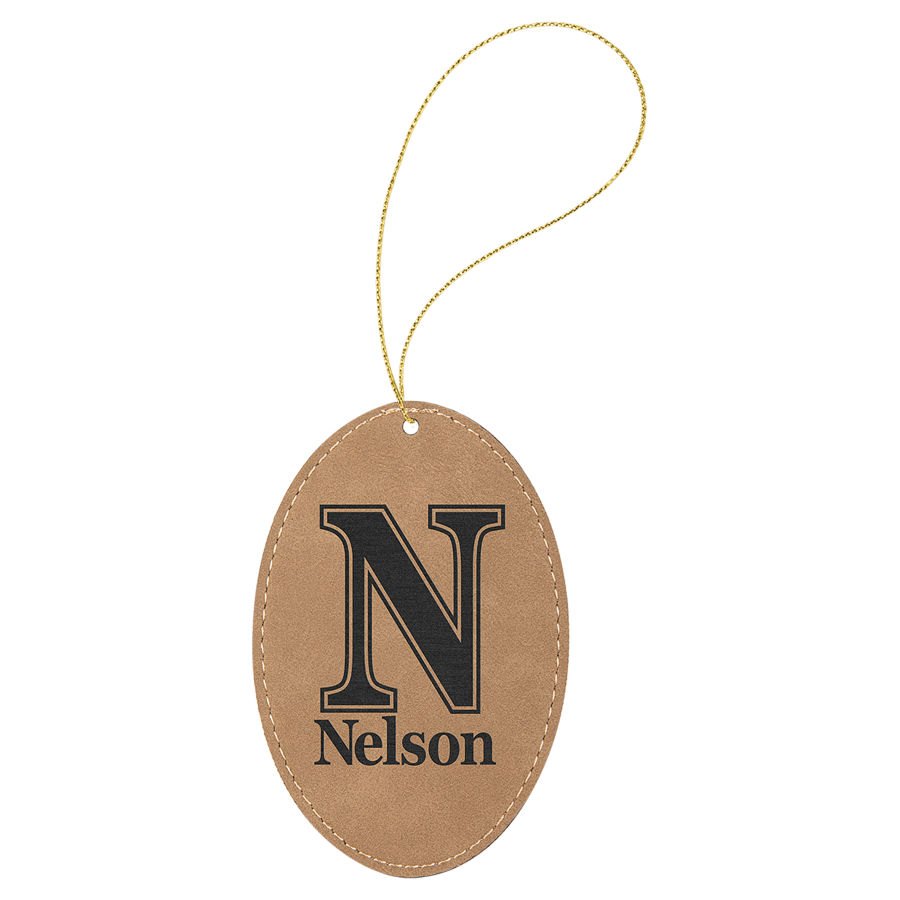 Engraved Leatherette Oval Ornament - Light Brown (Gold String)
