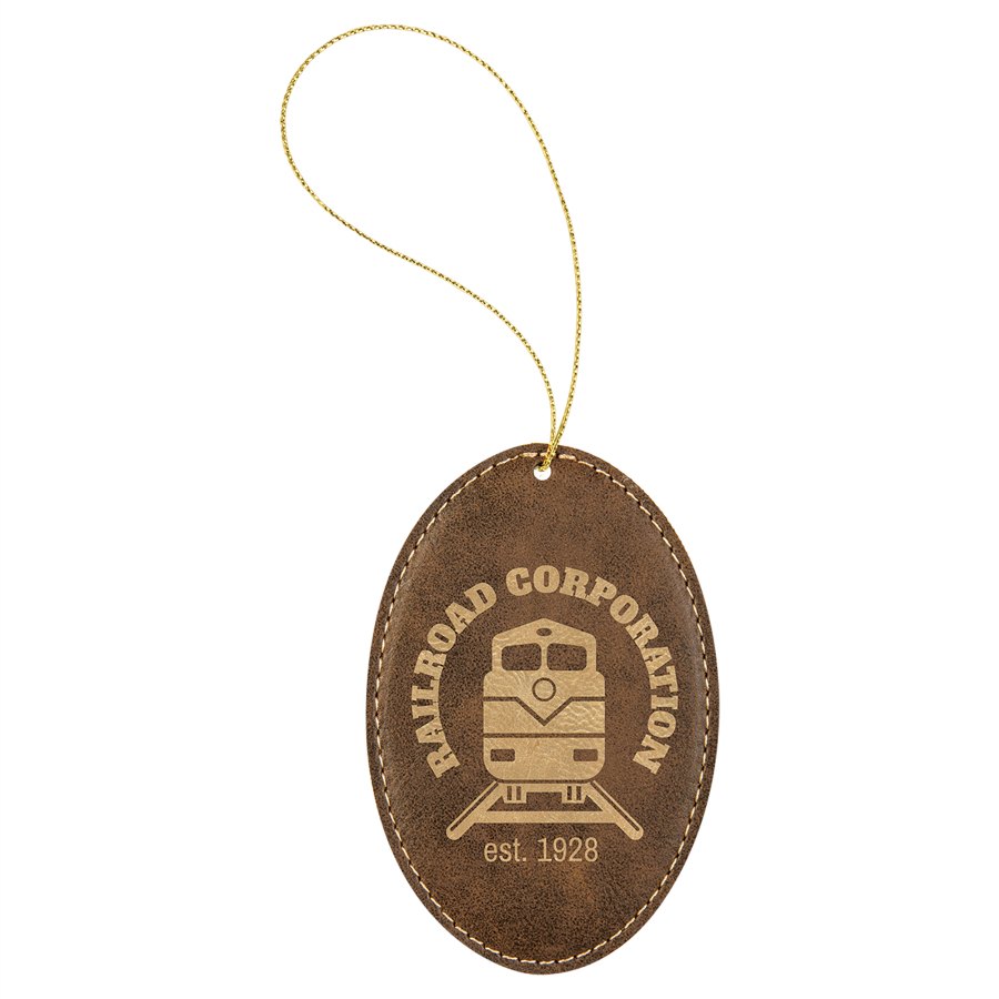 Engraved Leatherette Oval Ornament - Rustic/Gold (Gold String)