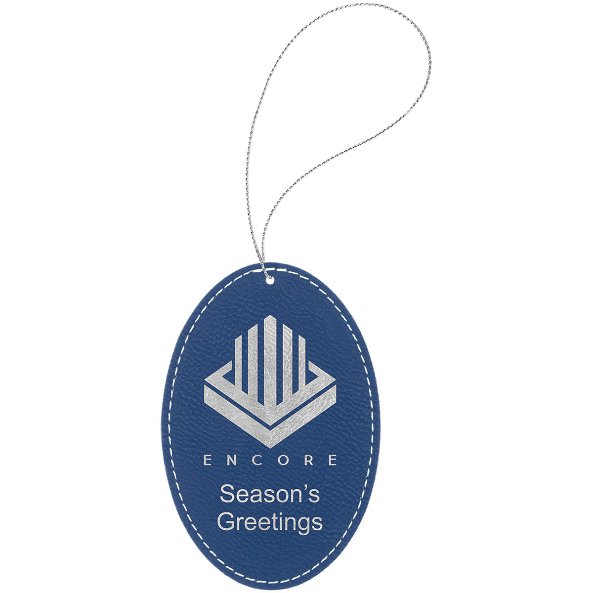 Engraved Leatherette Oval Ornament - Blue/Silver (Silver String)