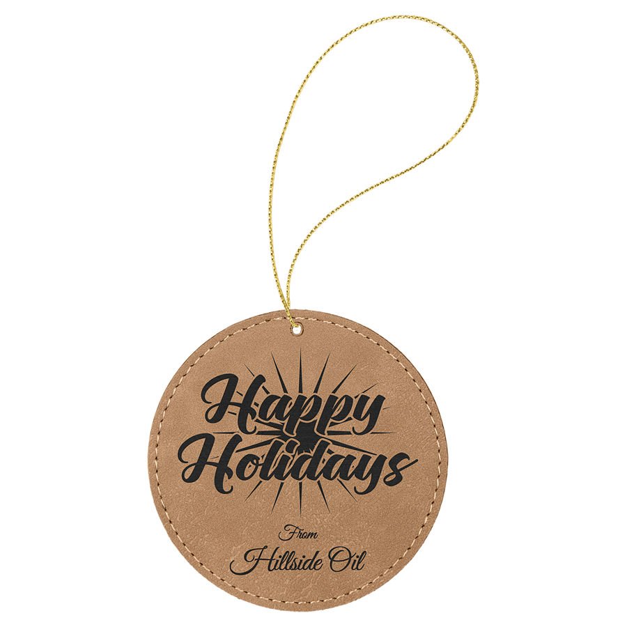 Engraved Leatherette Round Ornament - Light Brown (Gold String)