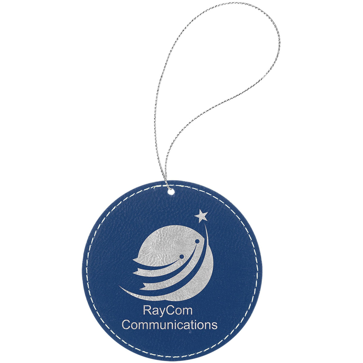 Engraved Leatherette Round Ornament - Blue/Silver (Silver String)