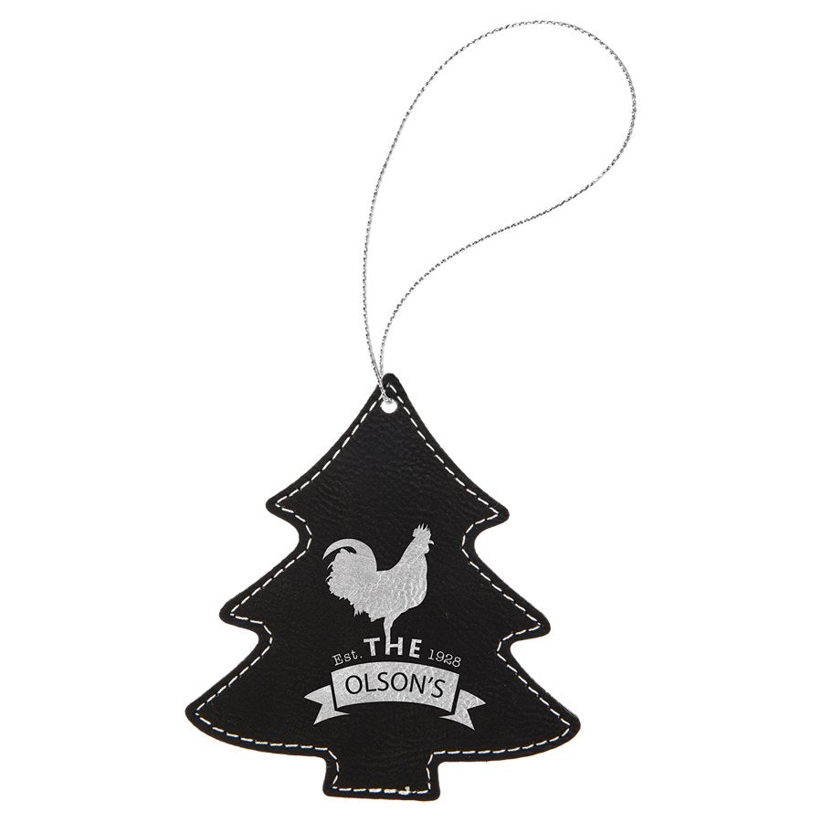 Engraved Leatherette Tree Ornament - Black/Silver (Silver String)