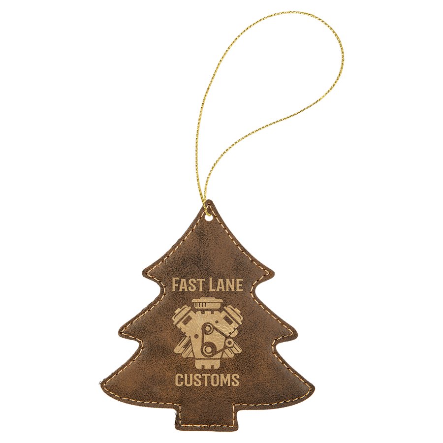 Engraved Leatherette Tree Ornament - Rustic/Gold (Gold String)