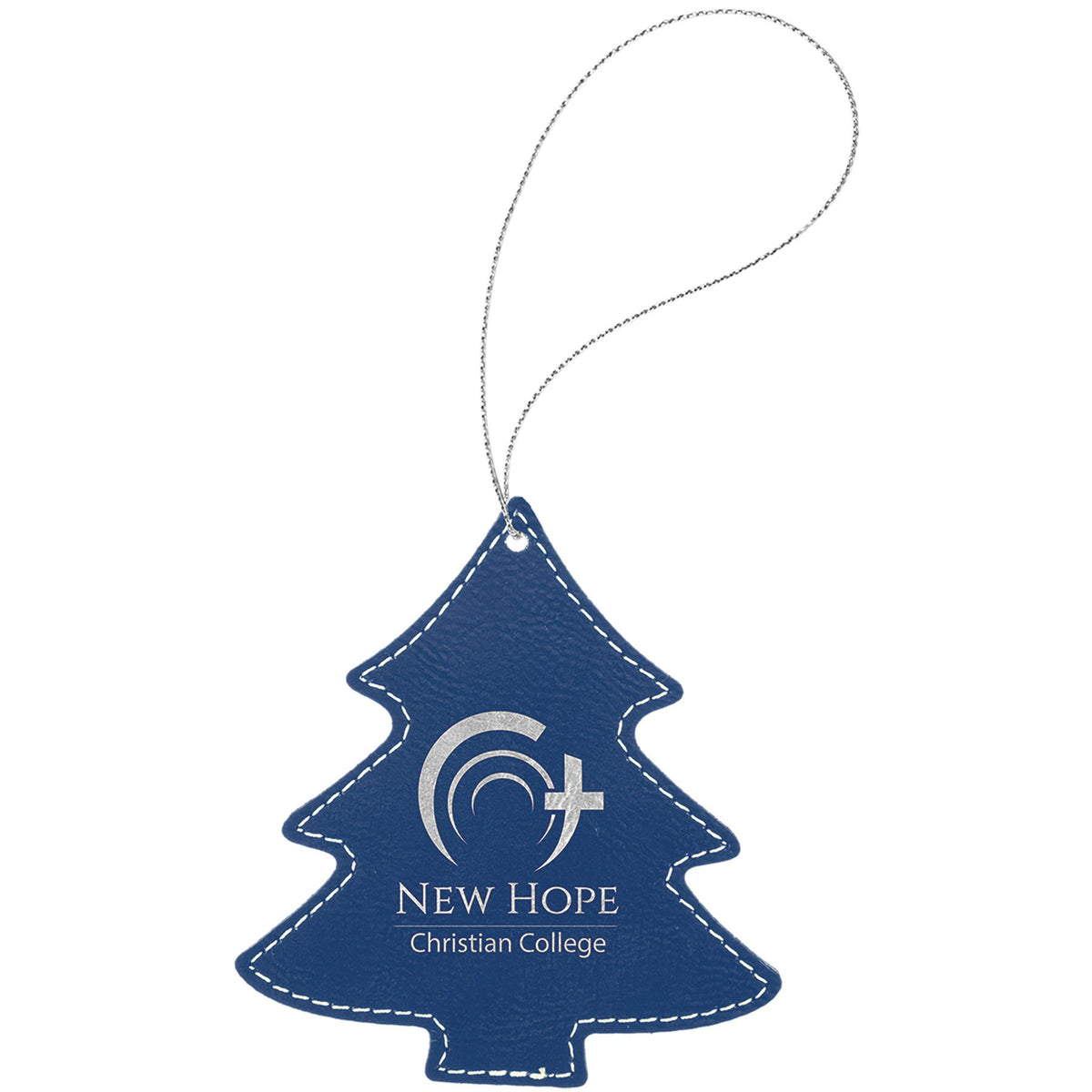 Engraved Leatherette Tree Ornament - Blue/Silver (Silver String)