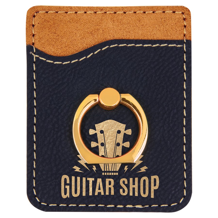 Engraved Leatherette Phone Wallet with Ring - Black/Gold (Gold Ring)