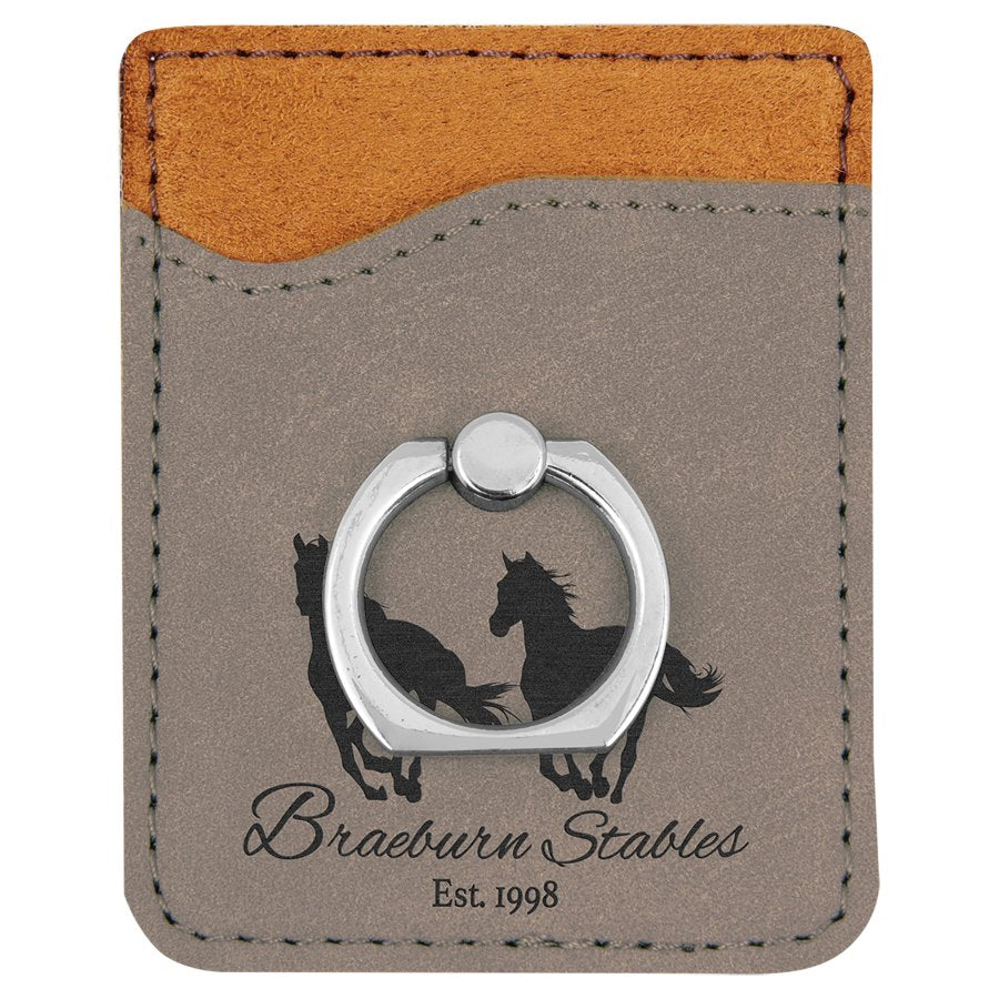 Engraved Leatherette Phone Wallet with Ring - Gray (Silver Ring)