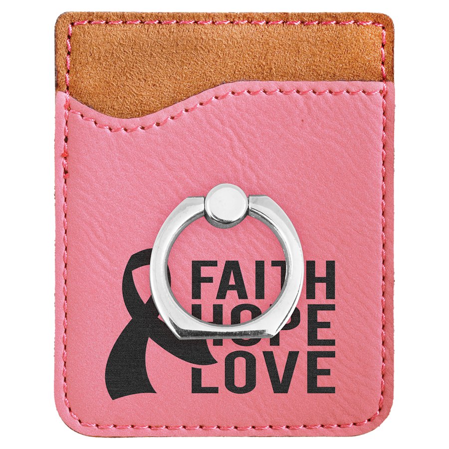 Engraved Leatherette Phone Wallet with Ring - Pink (Silver Ring)