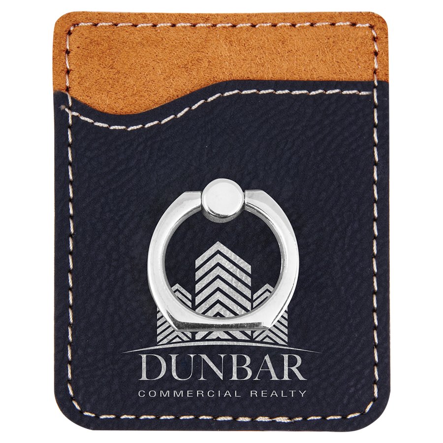 Engraved Leatherette Phone Wallet with Ring - Black/Silver (Silver Ring)