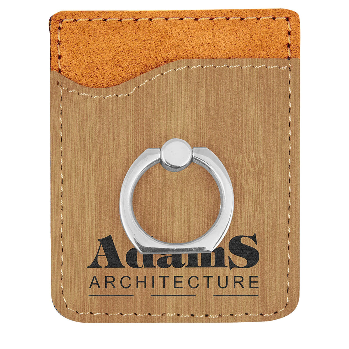 Engraved Leatherette Phone Wallet with Ring - Bamboo (Silver Ring)