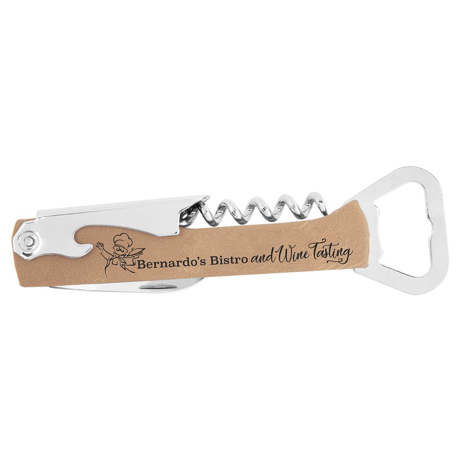 Engraved Leatherette Wine Bottle Opener - Light Brown