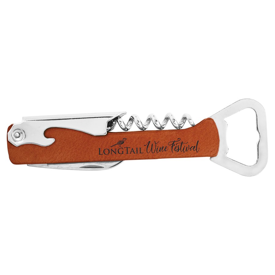 Engraved Leatherette Wine Bottle Opener - Rawhide
