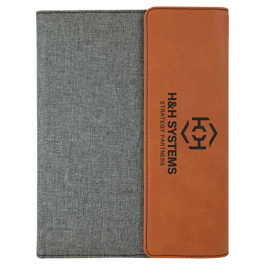 Engraved Leatherette and Canvas Portfolio with Notepad - Rawhide (Gray Canvas) / 7 x 9 in