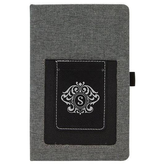 Engraved Leatherette Journal with Cell and Card Slot - Gray with Black