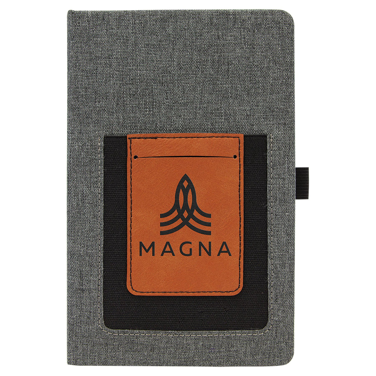 Engraved Leatherette Journal with Cell and Card Slot - Gray with Rawhide