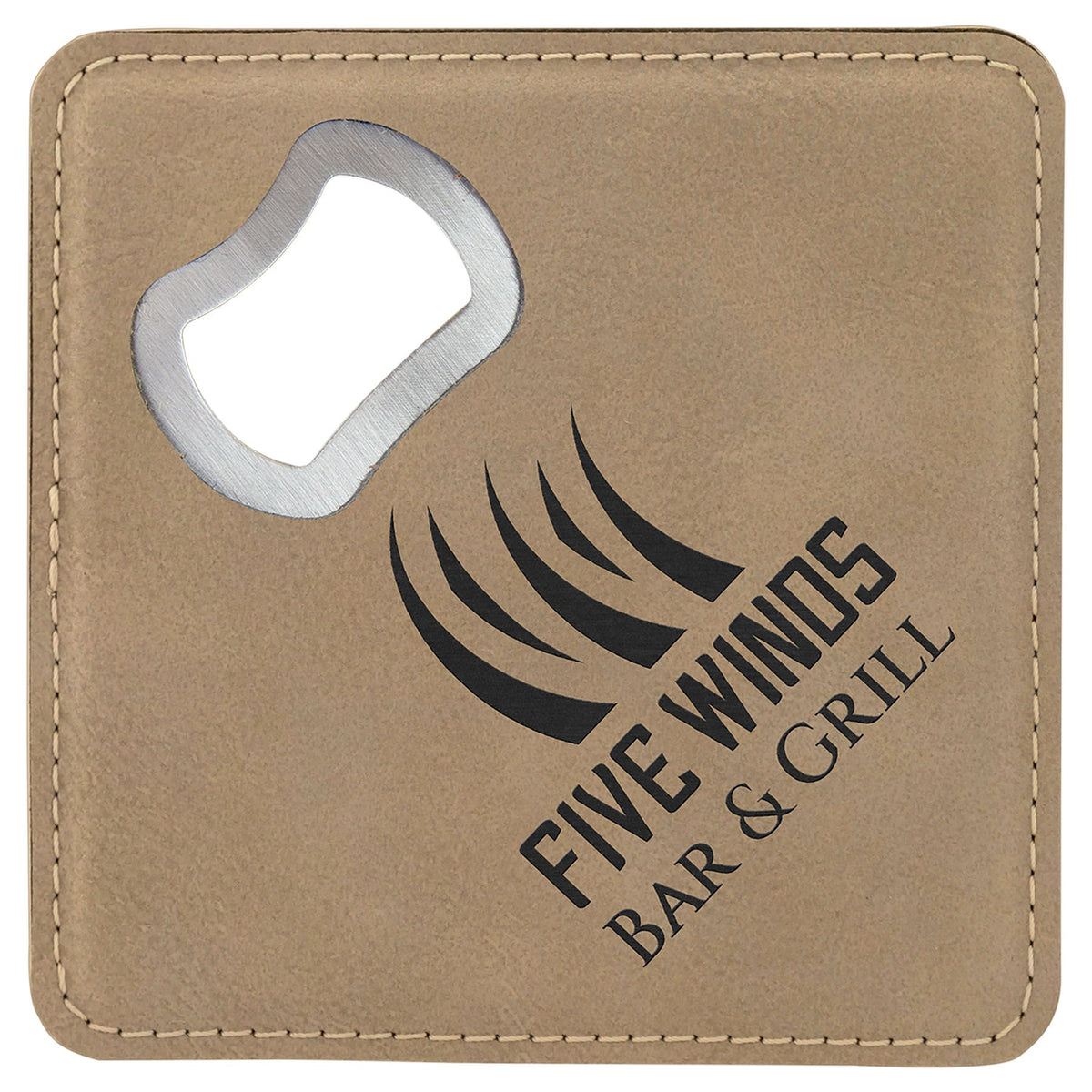 Engraved Square Leatherette Bottle Opener Coaster - Light Brown