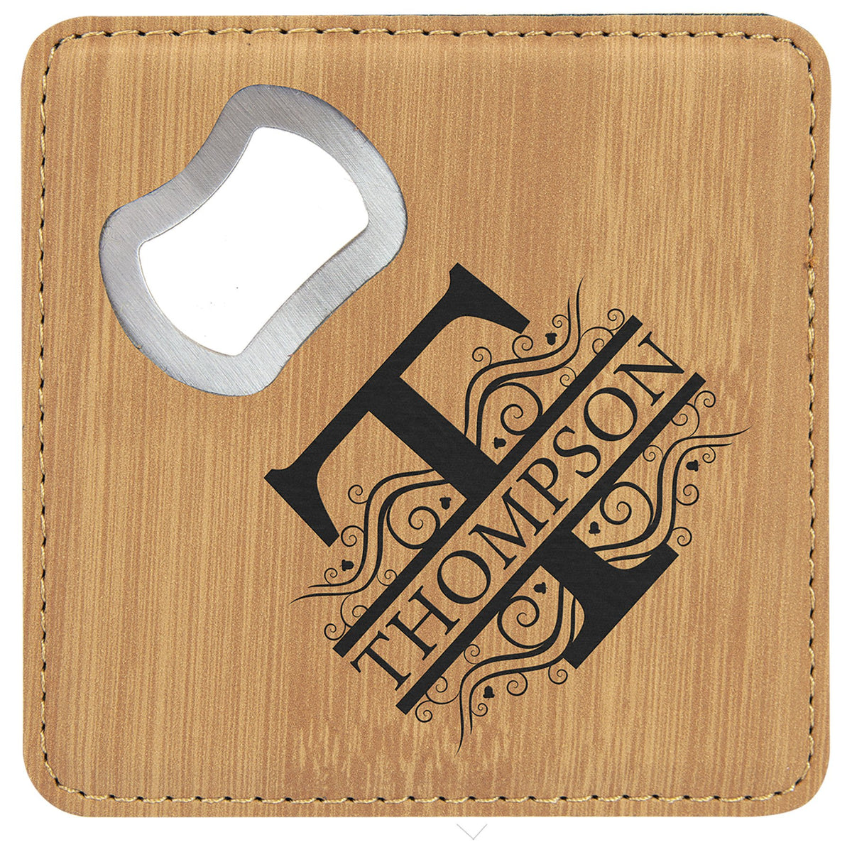 Engraved Square Leatherette Bottle Opener Coaster - Bamboo