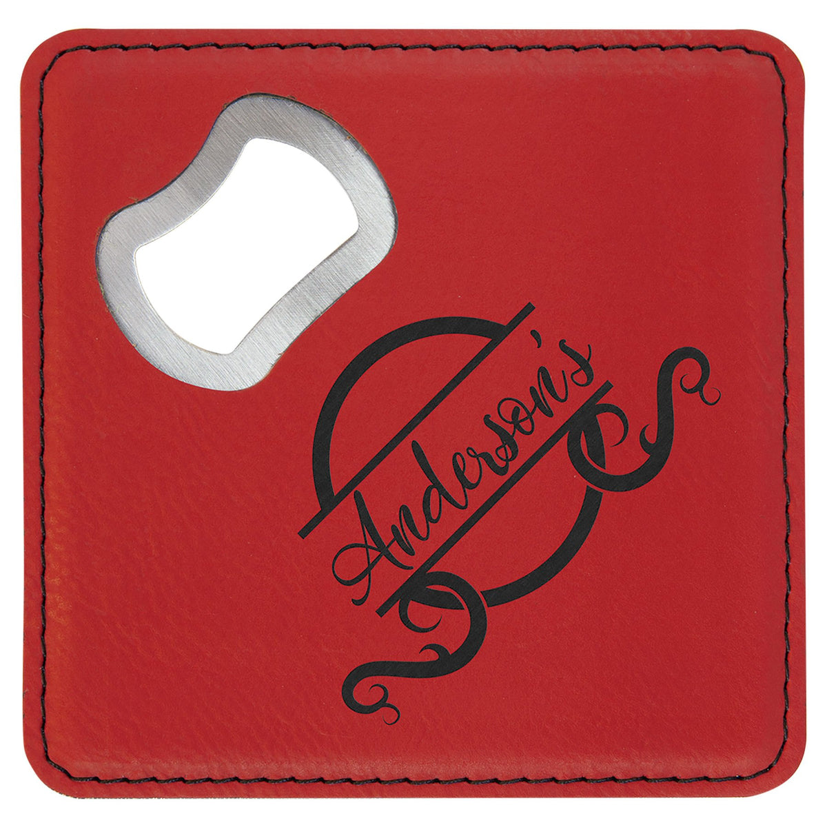 Engraved Square Leatherette Bottle Opener Coaster - Red