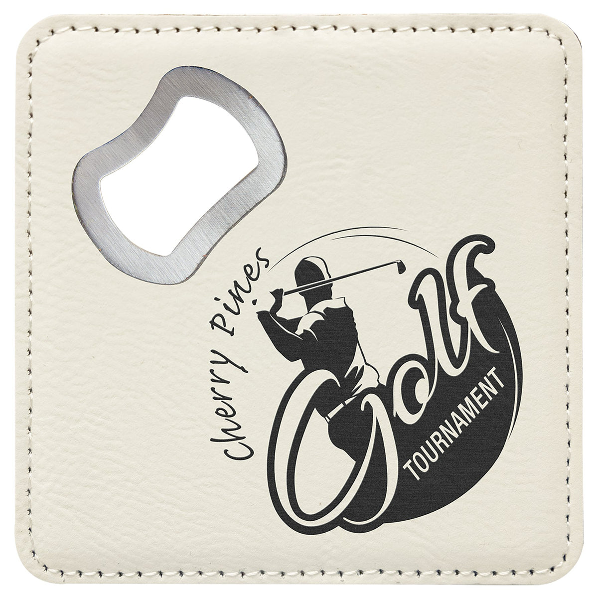 Engraved Square Leatherette Bottle Opener Coaster - White