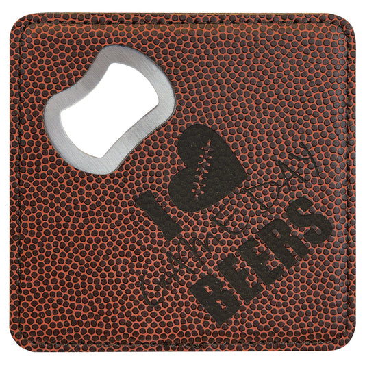 Engraved Football Square Leatherette Bottle Opener Coaster