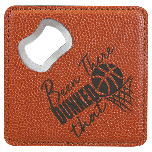 Engraved Basketball Square Leatherette Bottle Opener Coaster