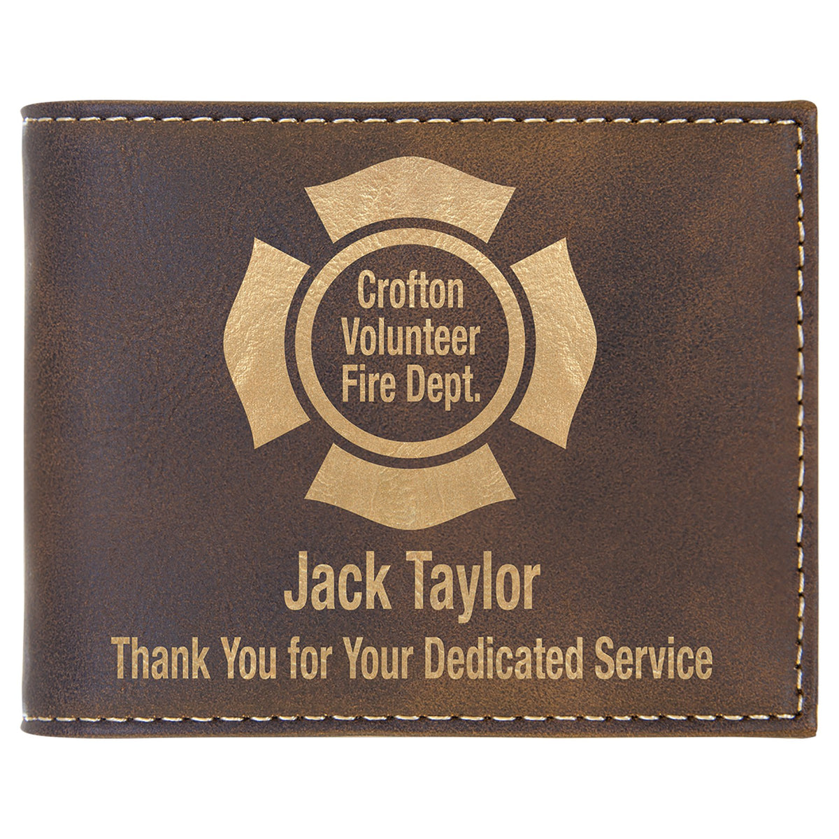 Engraved Leatherette Bifold Wallet with Flip ID Display - Rustic/Gold