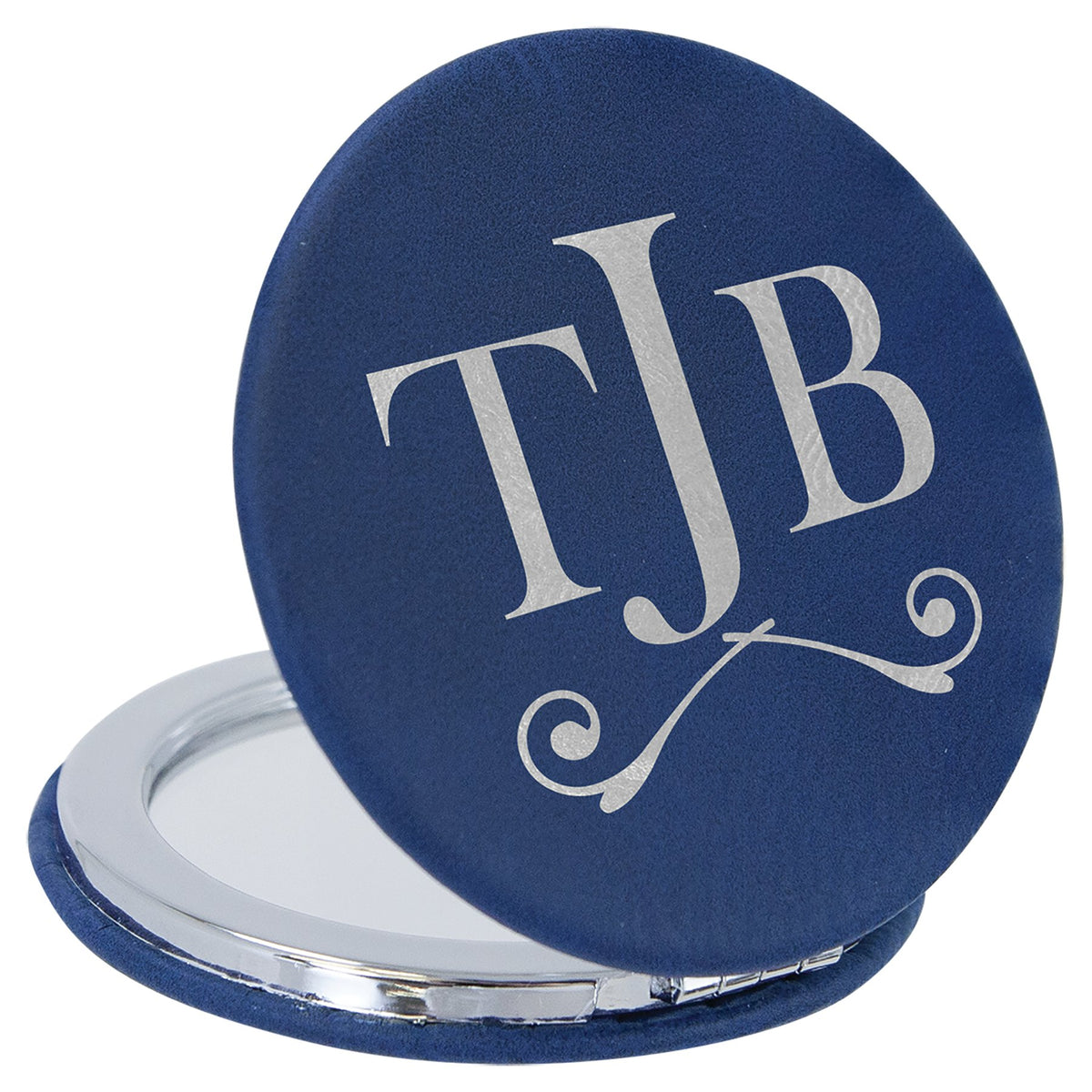 Engraved Leatherette Compact Mirror - Blue/Silver