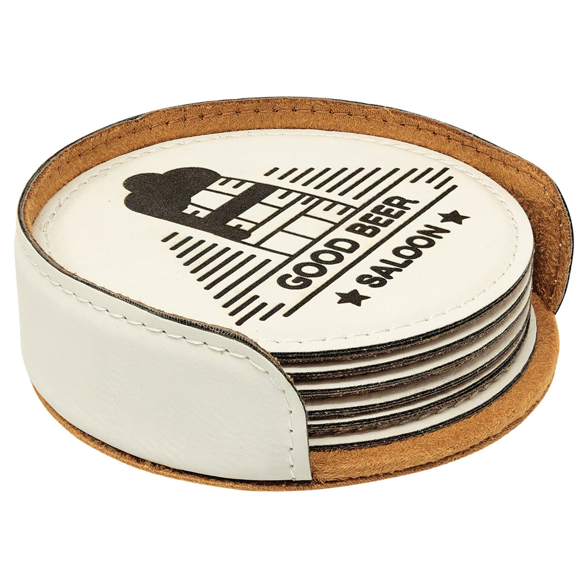 Engraved Round Leatherette 6-Coaster Set - White