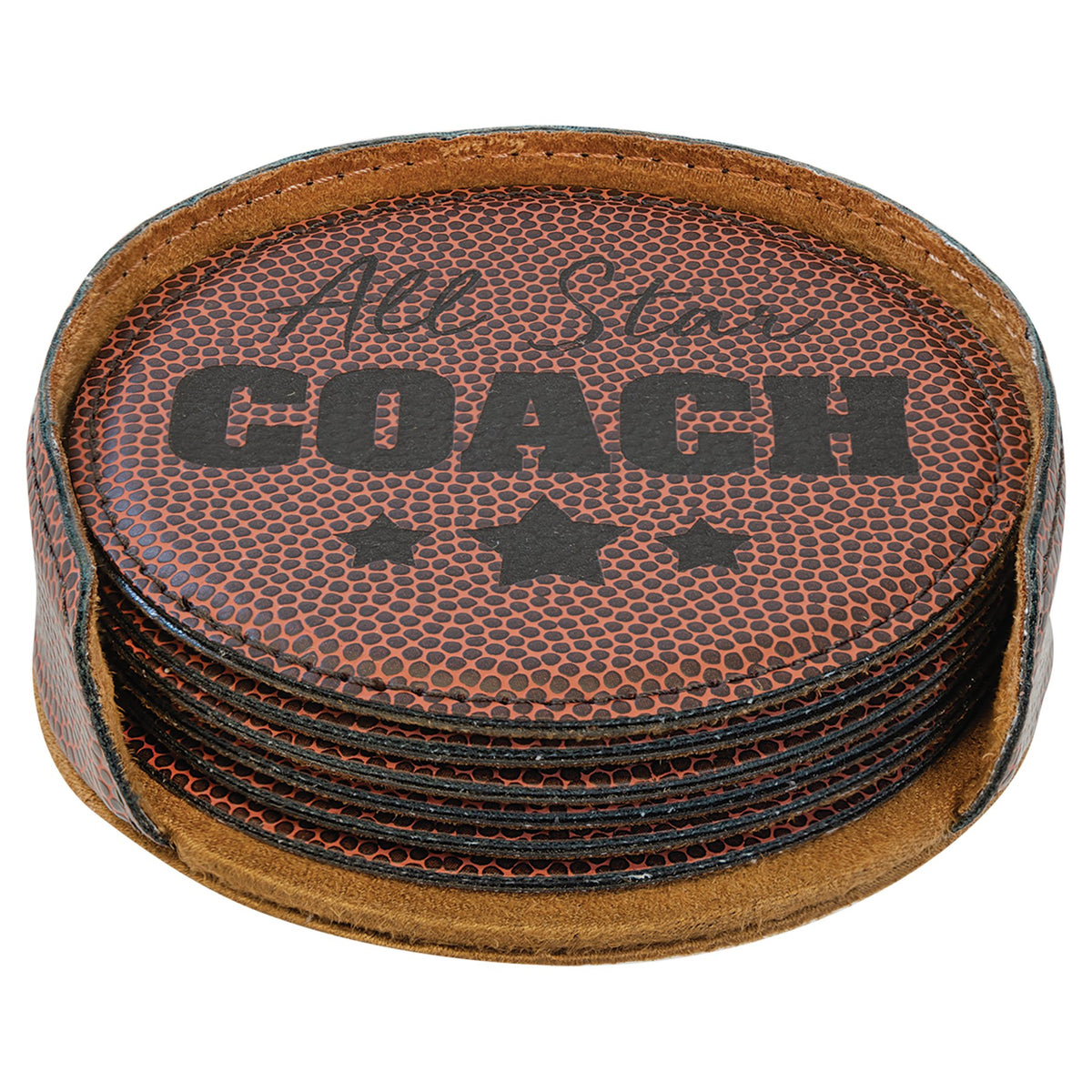 Engraved Football Round Leatherette 6-Coaster Set