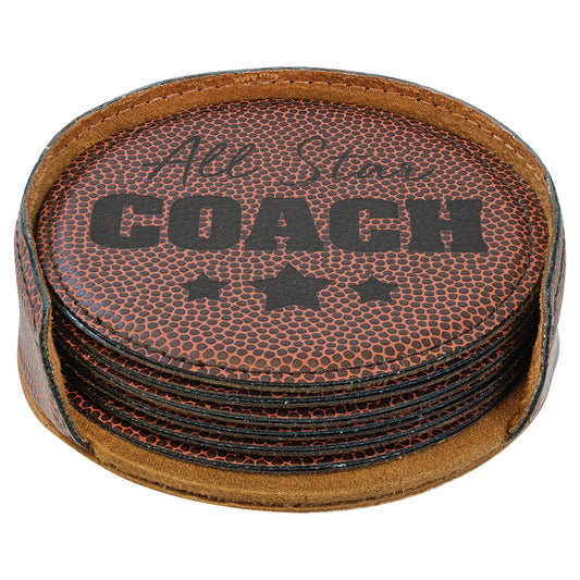 Engraved Football Round Leatherette 6-Coaster Set
