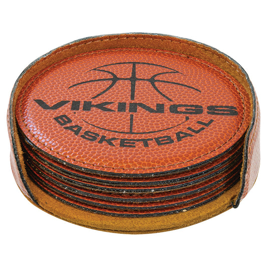 Engraved Basketball Round Leatherette 6-Coaster Set