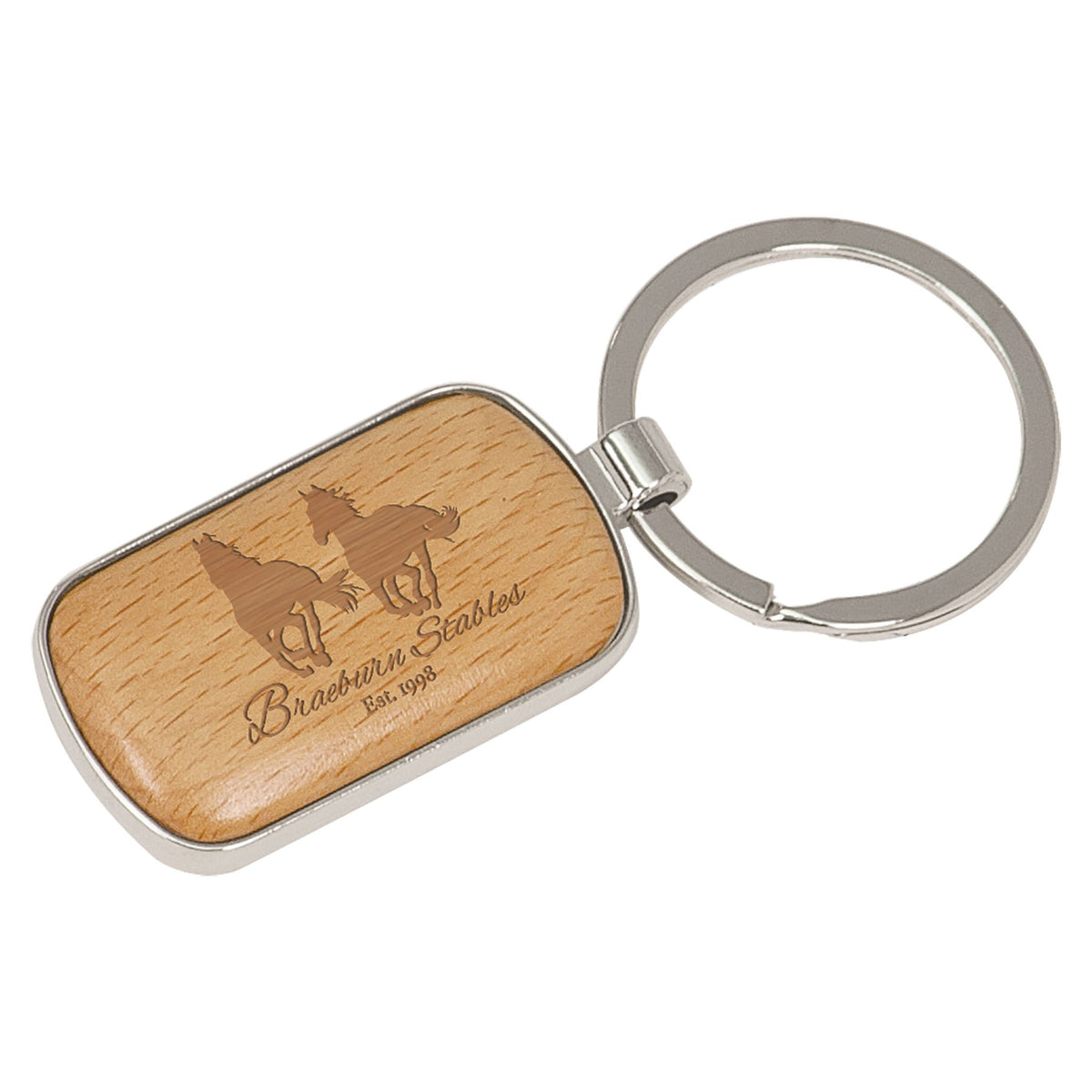 Engraved Silver and Wood Rounded Corner Rectangle Keychain