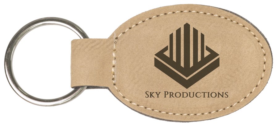 Engraved Leatherette Oval Keychain - Light Brown