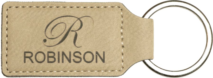 Engraved Leatherette Rectangle Keychain - Light Brown