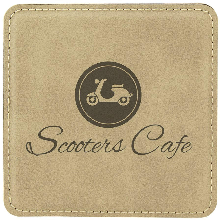 Engraved Square Leatherette Coaster - Light Brown
